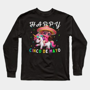 Dabbing girl Dancer on Unicorn Back Happy Cinco de Mayo wearing sunglasses Long Sleeve T-Shirt